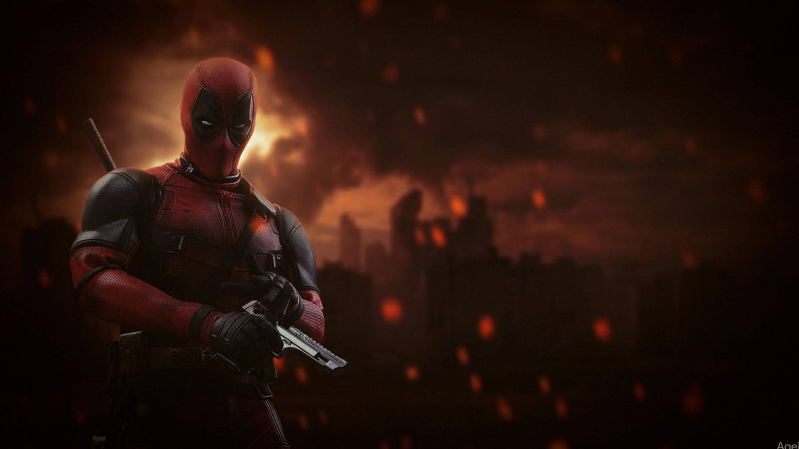 2560x1440 Marvel Deadpool Holding Gun Red Aesthetic Wallpaper