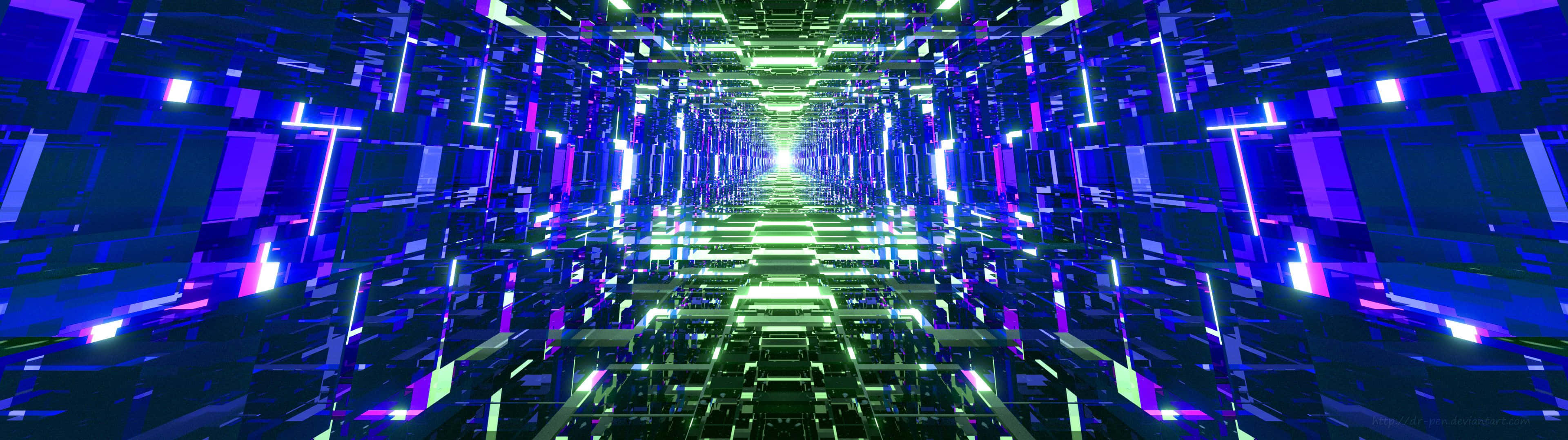 3840 X 1080 Gaming Stage Purple Green Wallpaper