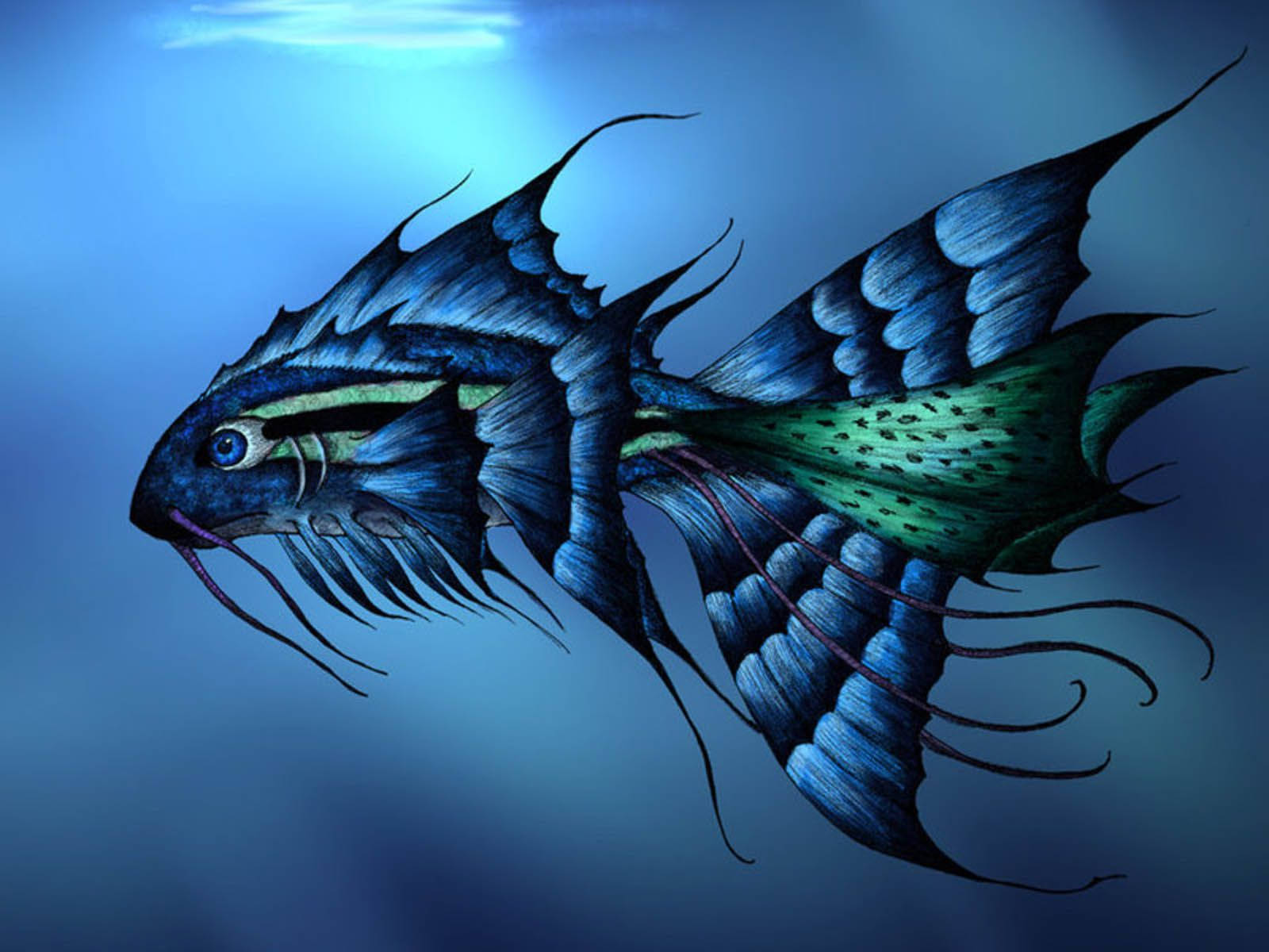 3d Blue Fish Swimming In Deep Blue Sea Wallpaper