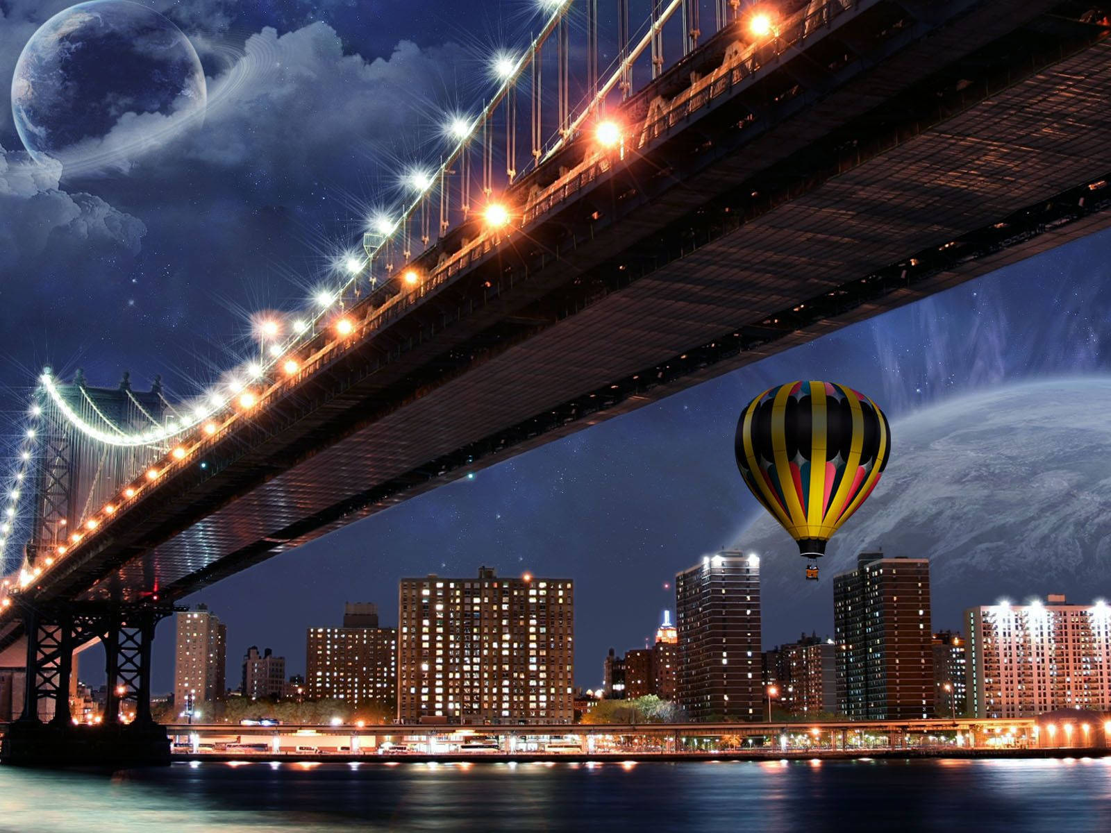 3d Bridge With Hot Air Balloon Wallpaper