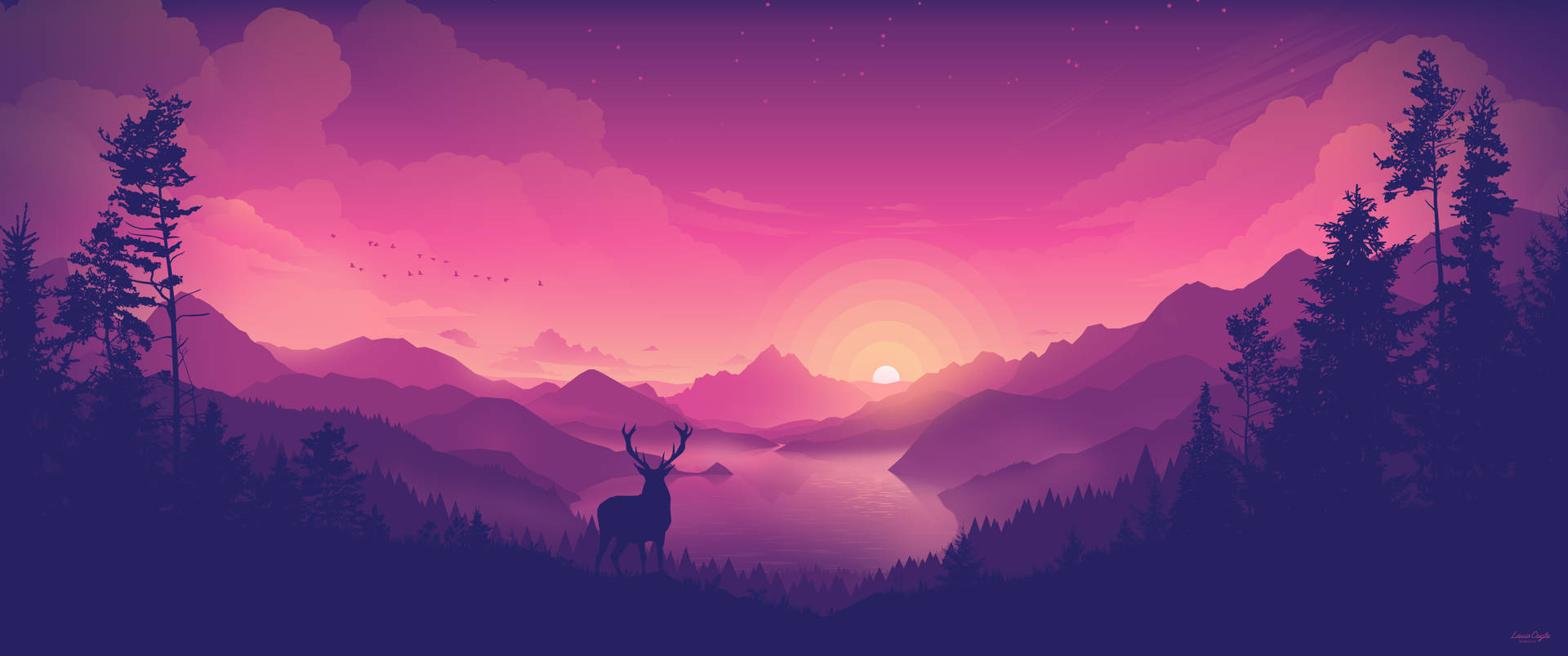 4d Ultra Hd Pink Deer Sunset Wallpaper