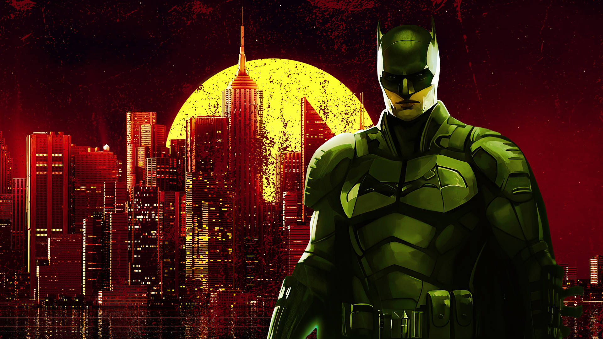 4k Gotham In Red With Yellow Moon Batman Wallpaper