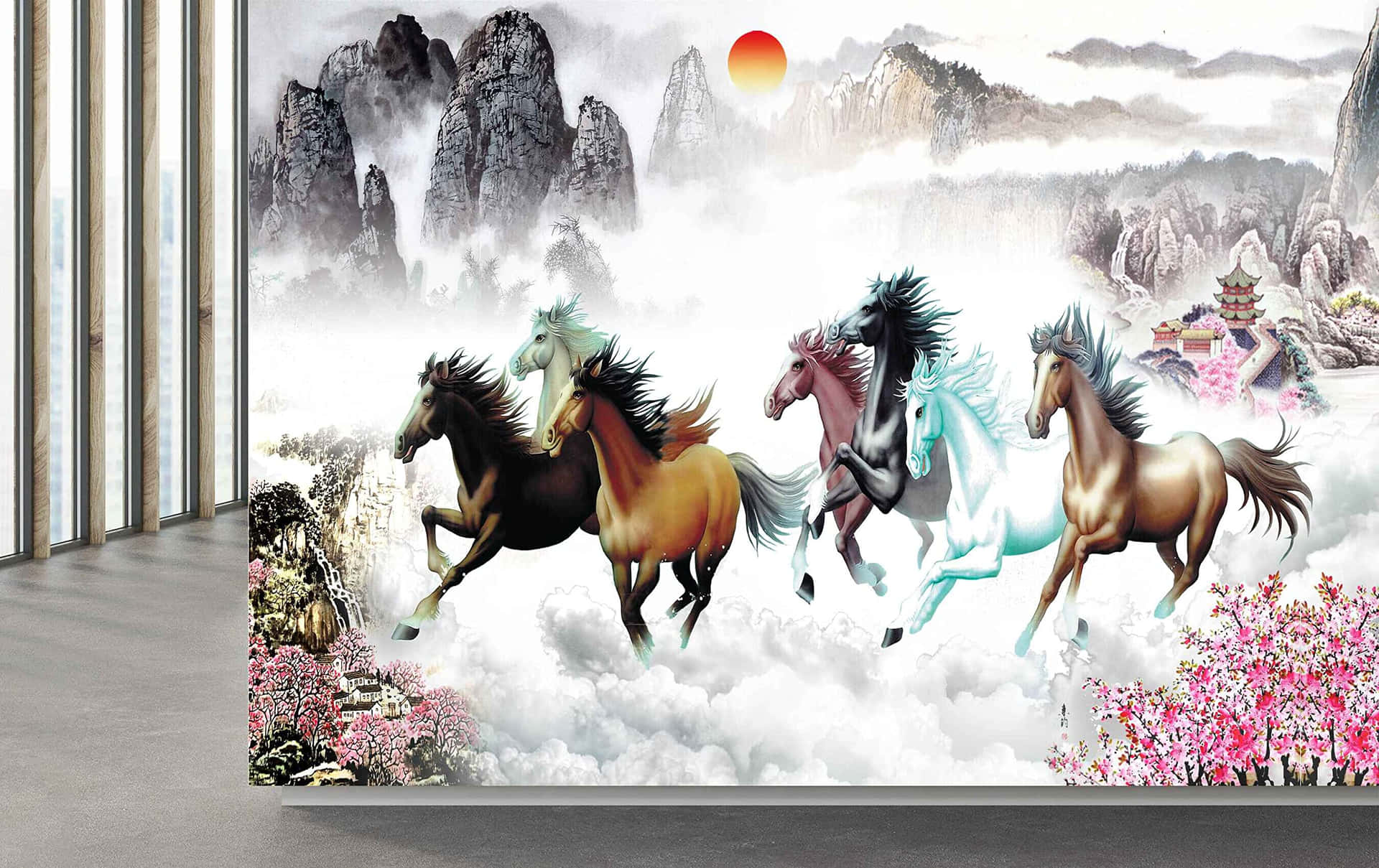 7 Horses Walking Through Eastern Scenery Wallpaper