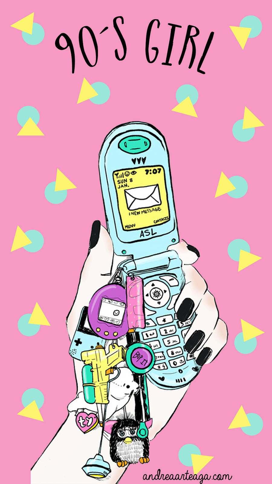 90s Girl Flip Phone Graphic Art Wallpaper