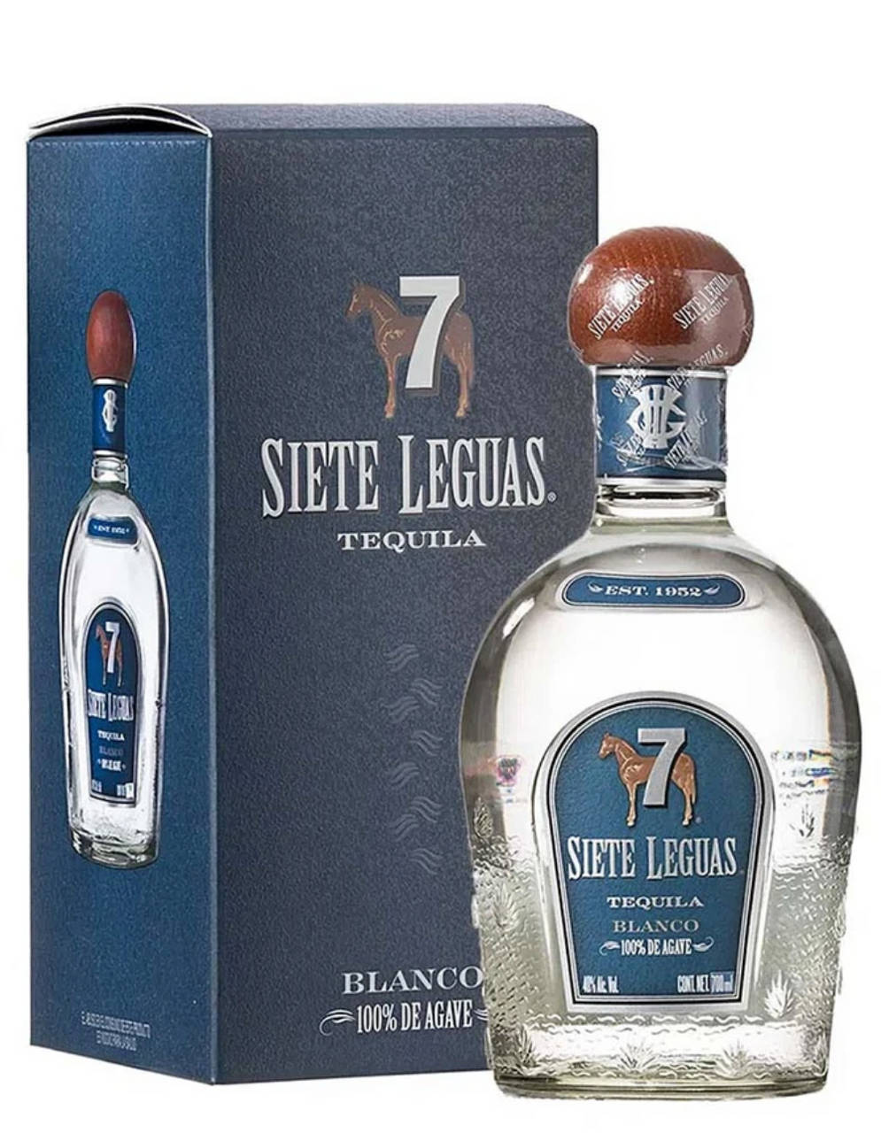 A Bottle Of Siete Leguas Blanco Tequila In A Blue Box Wallpaper