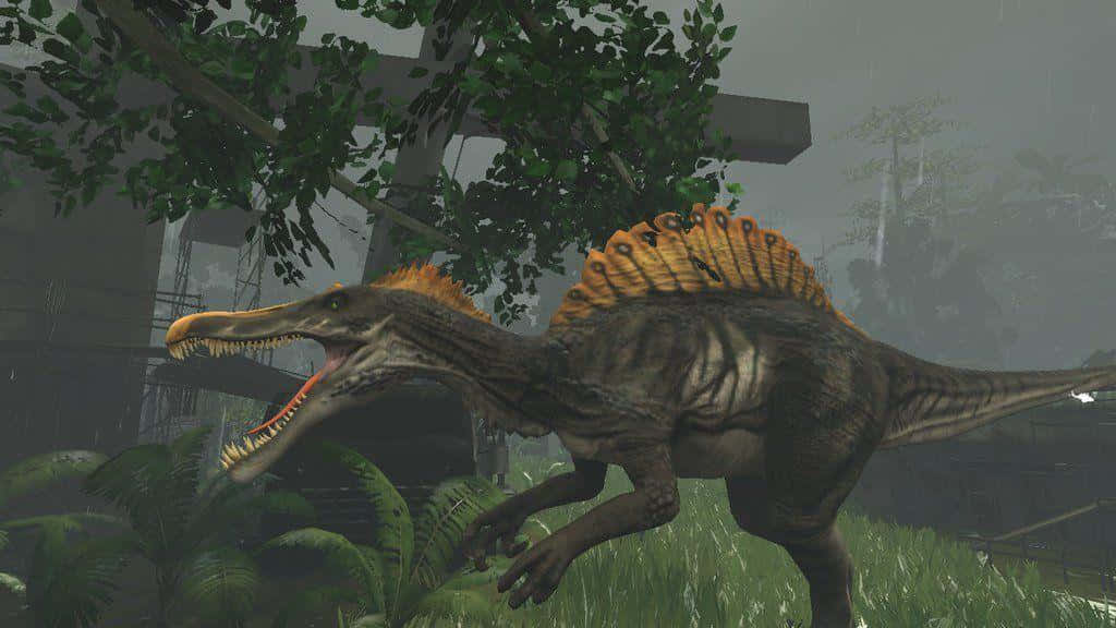 A Dinosaur Is Walking Through A Forest Wallpaper
