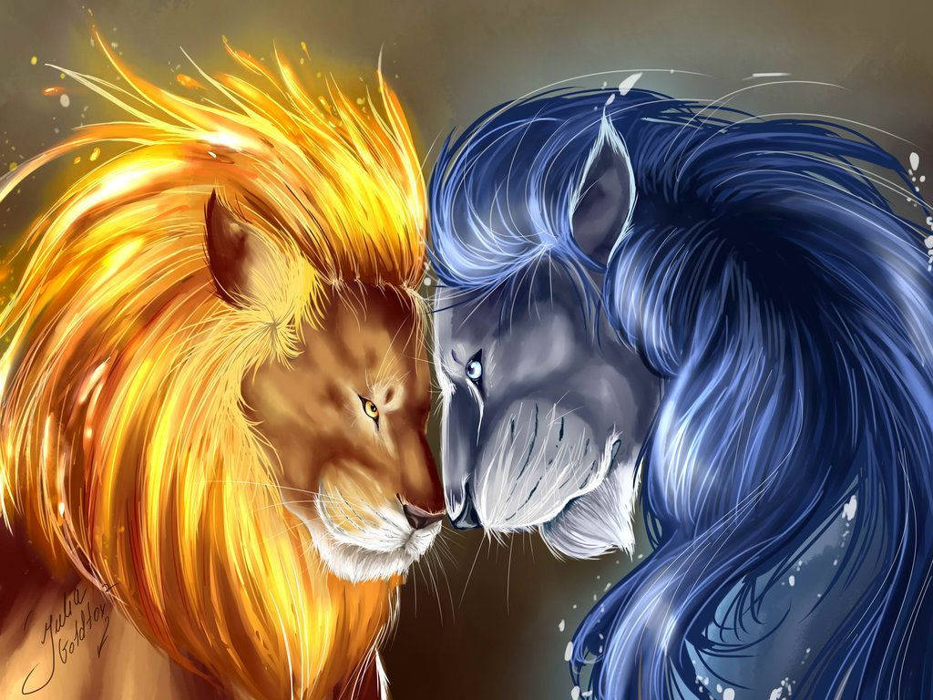 A Fierce Fire Lion Facing An Ice Lion In A Powerful Standoff Wallpaper