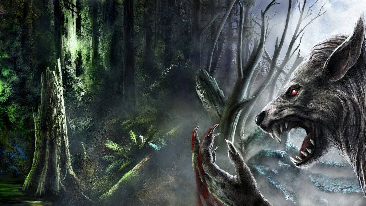 A Fierce Werewolf Stands Tall In The Moonlight Of A Dark Forest. Wallpaper