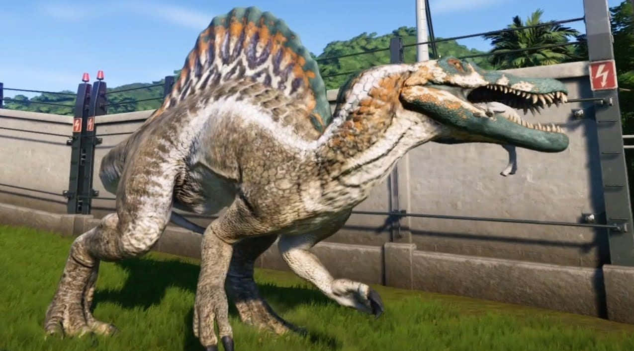 A Full View Of A Spinosaurus In A Desert Setting Wallpaper
