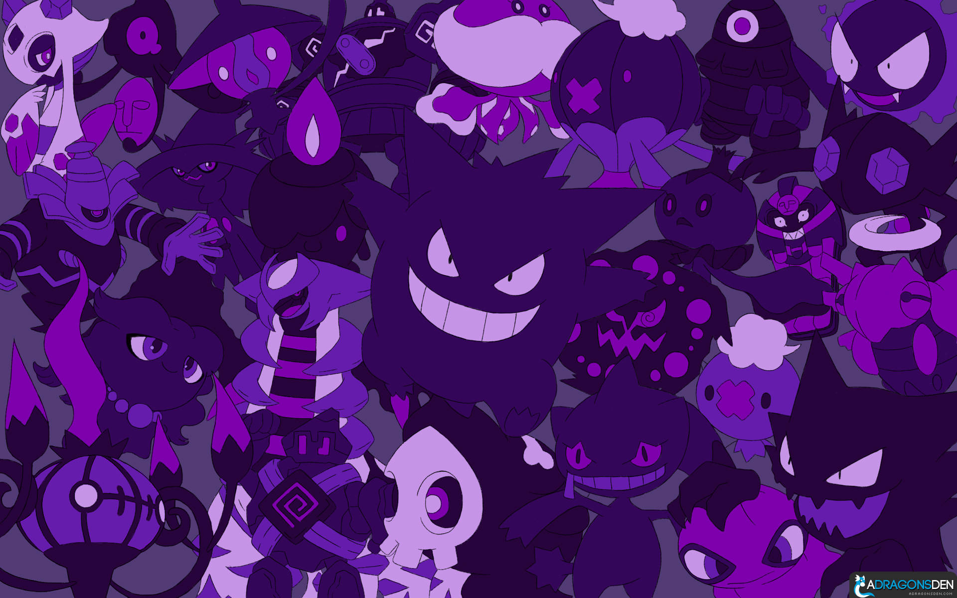 A Gengar In An Eerie Patterned Forest Of Purple Pokemons. Wallpaper