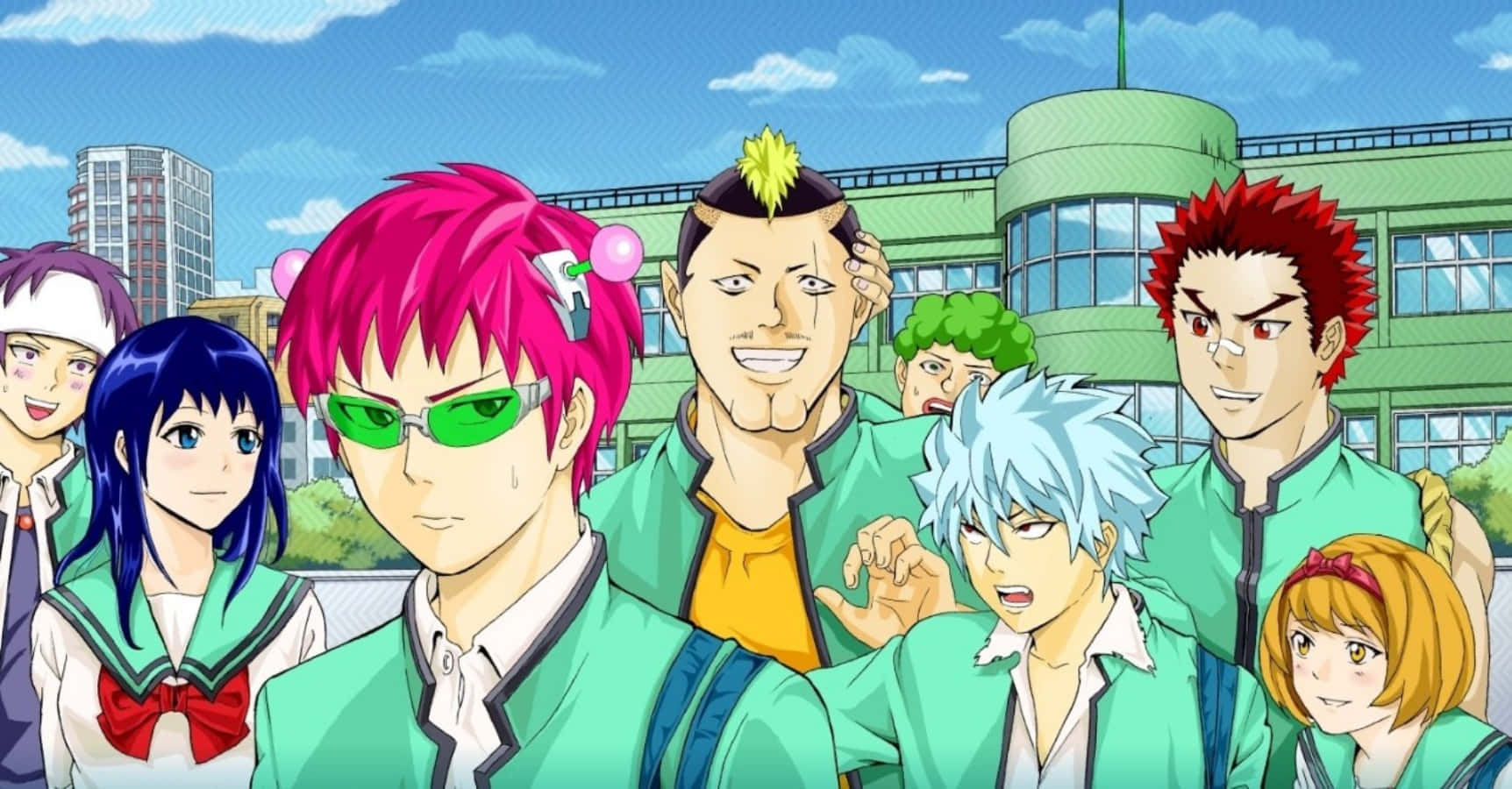 A Group Of Anime Characters Standing In Front Of A Building Wallpaper