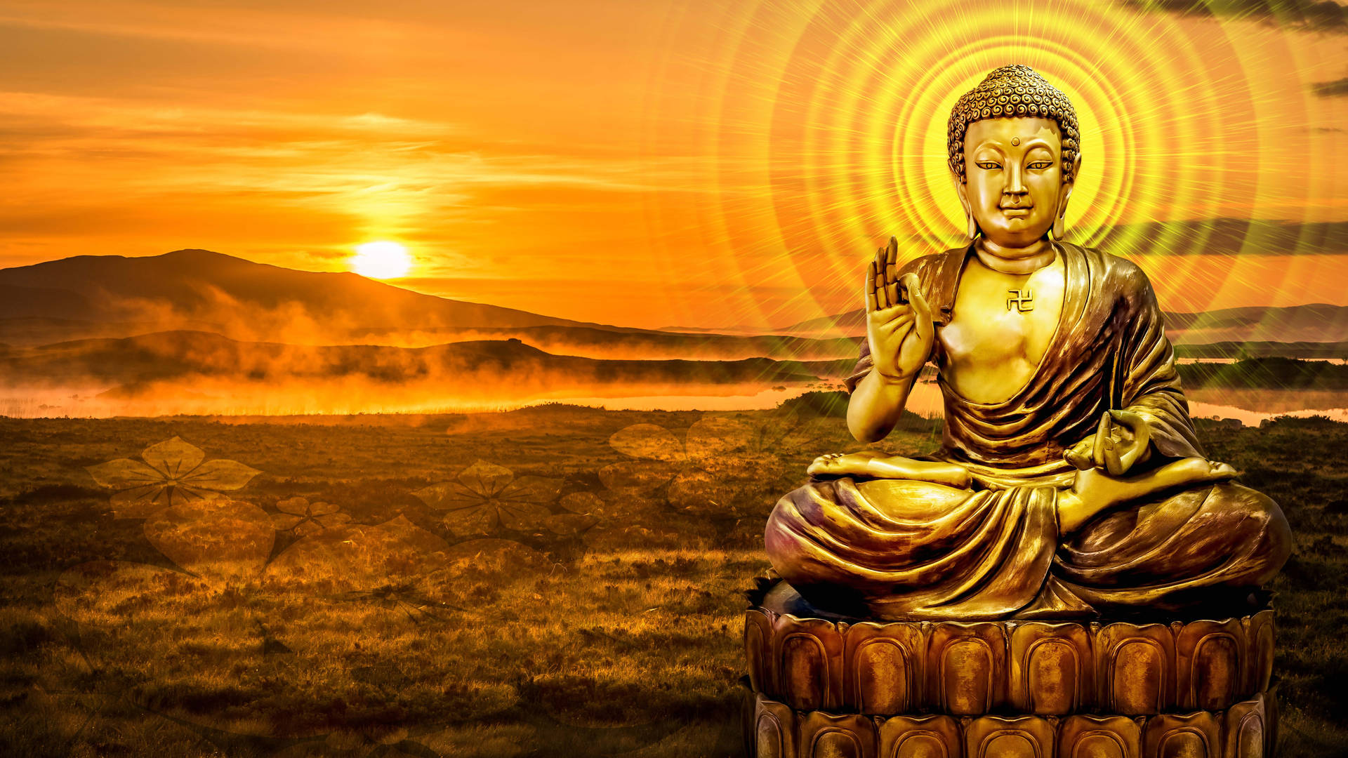 A Majestic Gold Buddha Statue Glistens In The Evening Sun Wallpaper