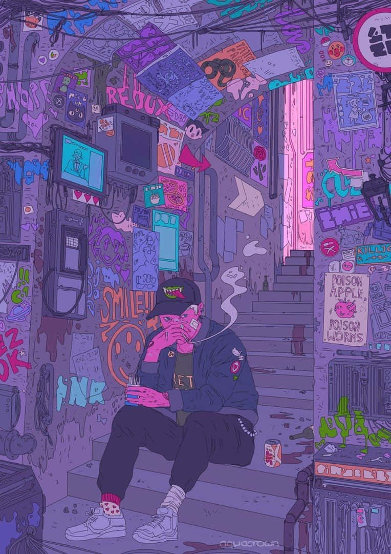 A Man Sitting On A Staircase With Graffiti On His Wall Wallpaper