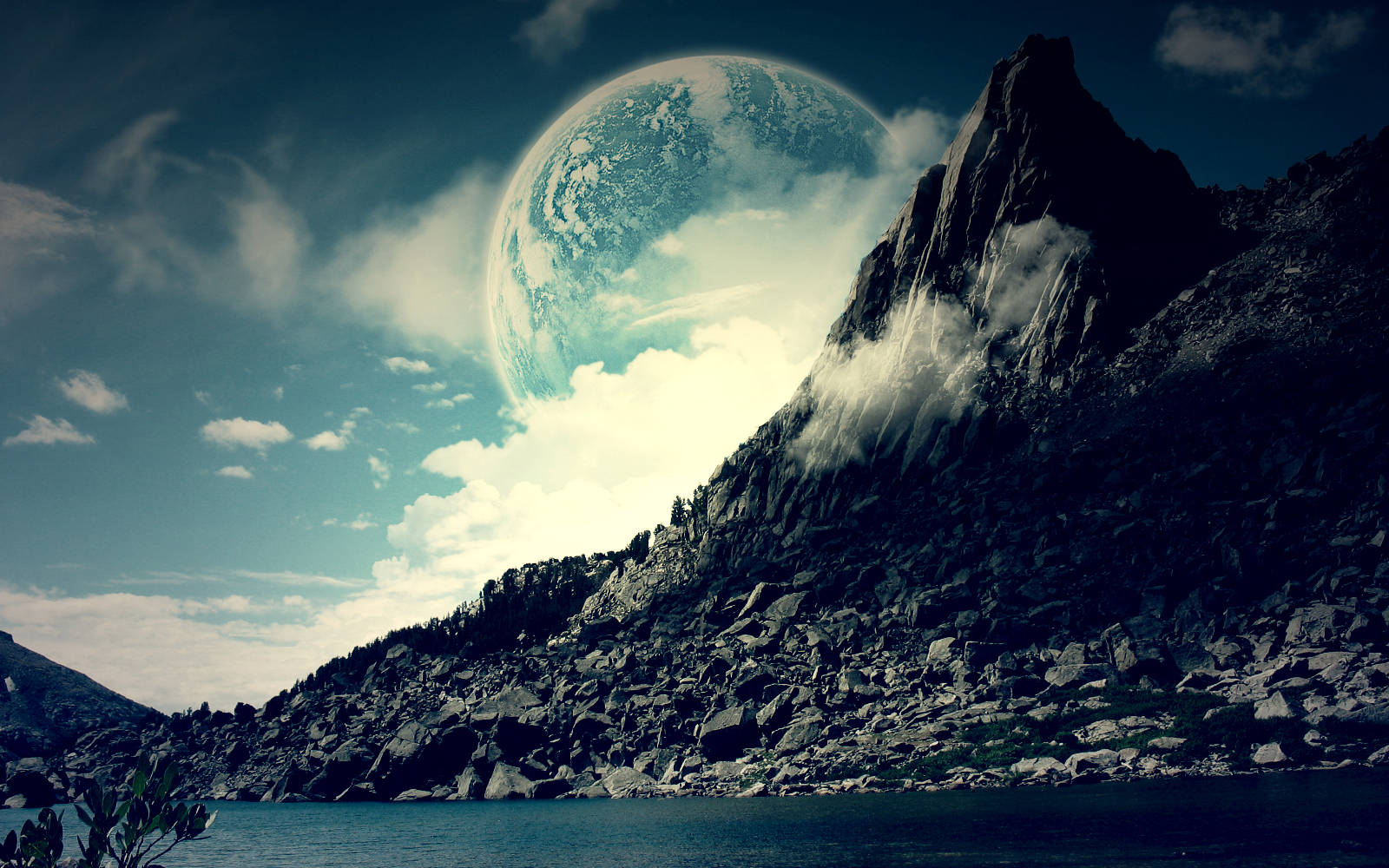 A Mountain With A Lake And A Planet In The Sky Wallpaper