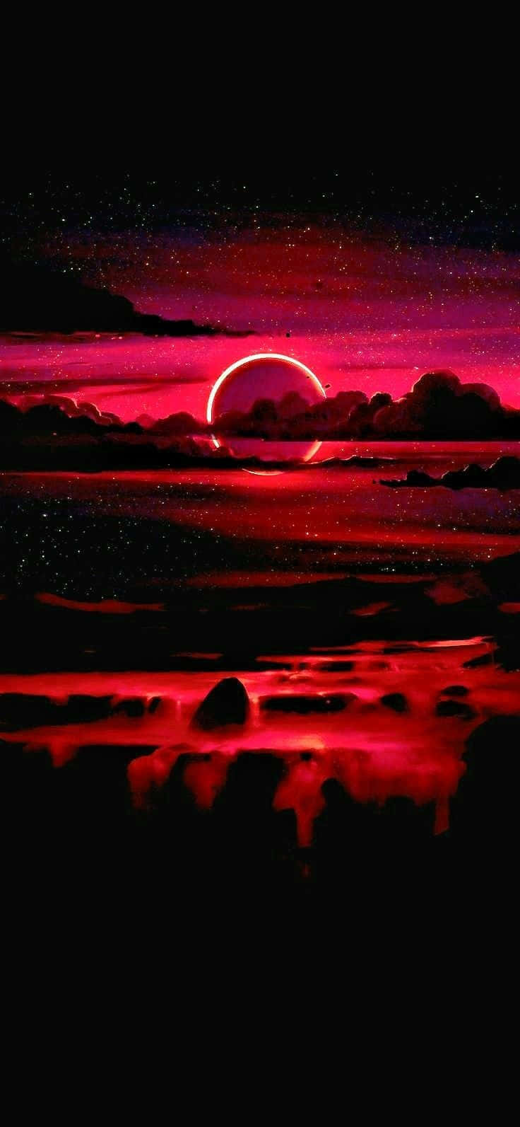 A Red Sunset With Clouds And A Moon Wallpaper