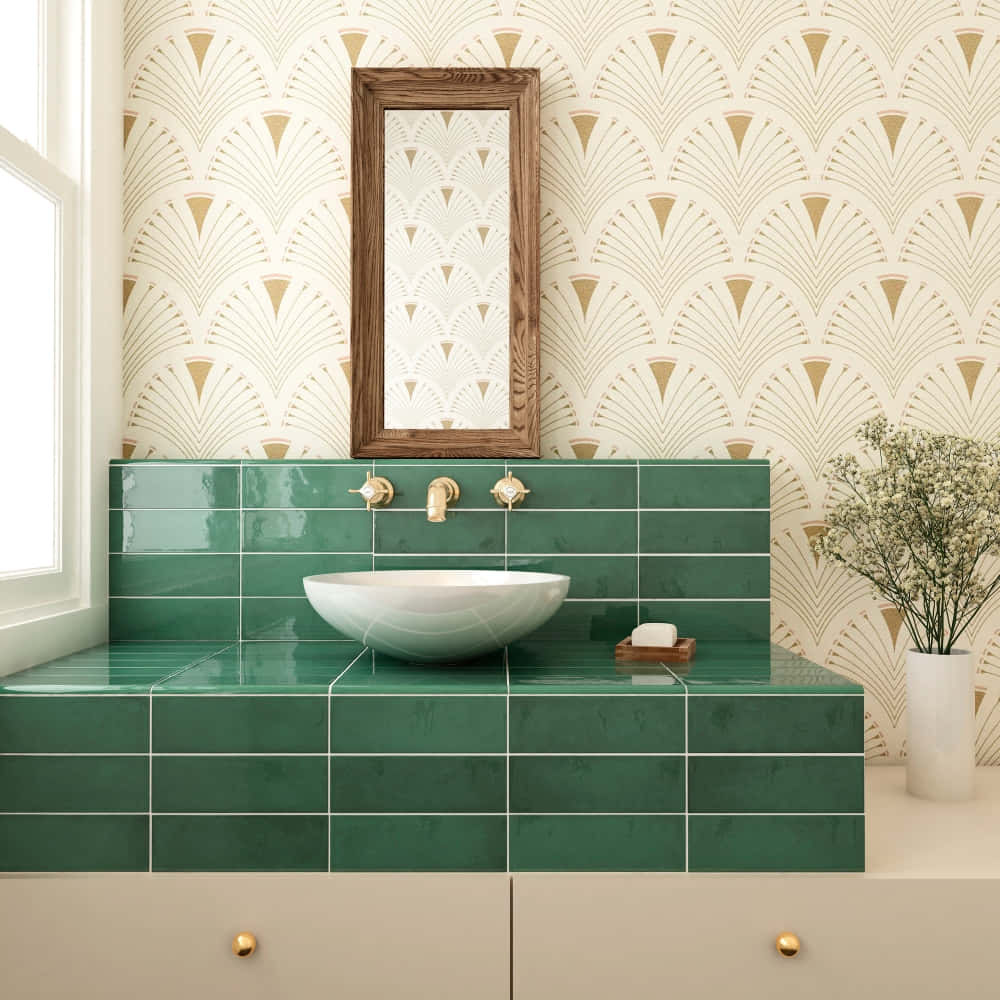 A Refreshing Hygiene Space With Green Tiles Wallpaper