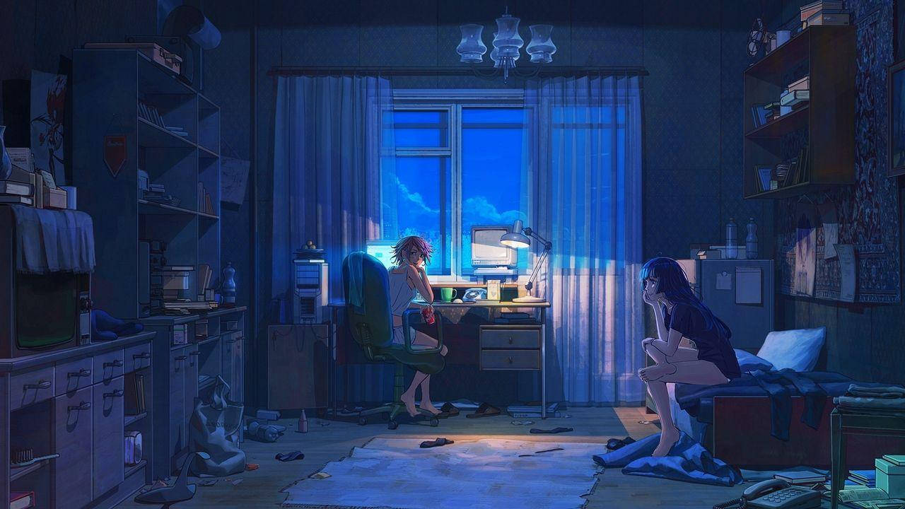 A Room With Two People Sitting In It Wallpaper