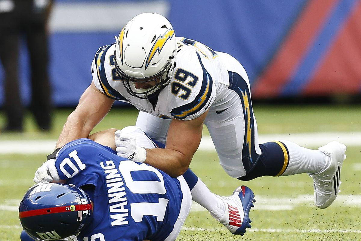 A Stopping Force, Joey Bosa Intense Gameplay Against Peyton Manning Wallpaper