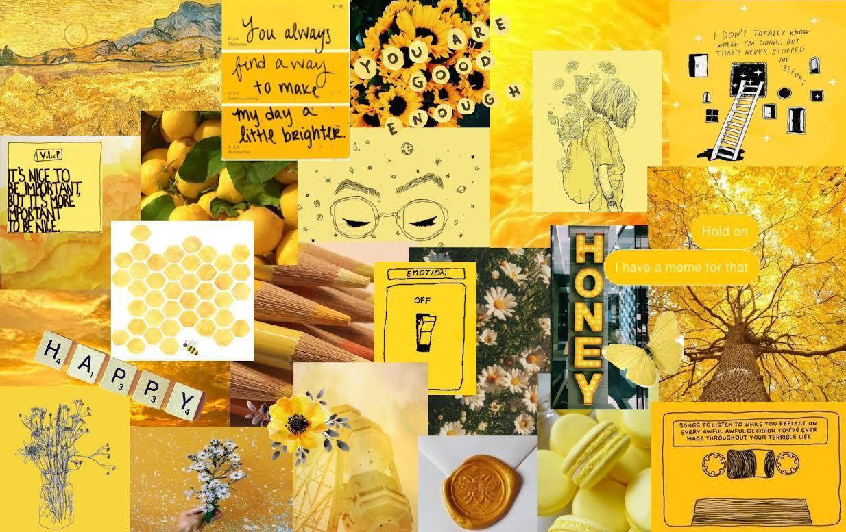 A Vibrant Yellow Aesthetic Collage On A Laptop Screen Wallpaper