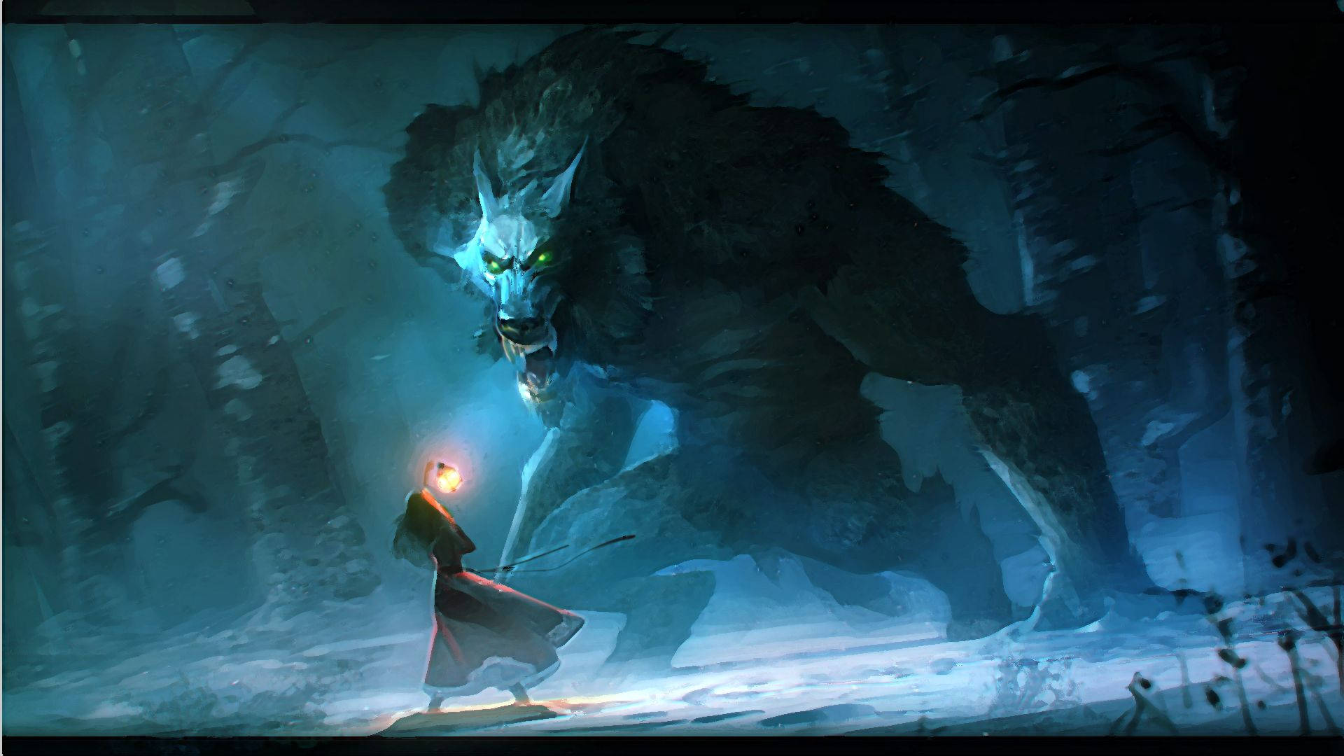 A Werewolf Embracing A Woman In Mystifying Darkness Wallpaper
