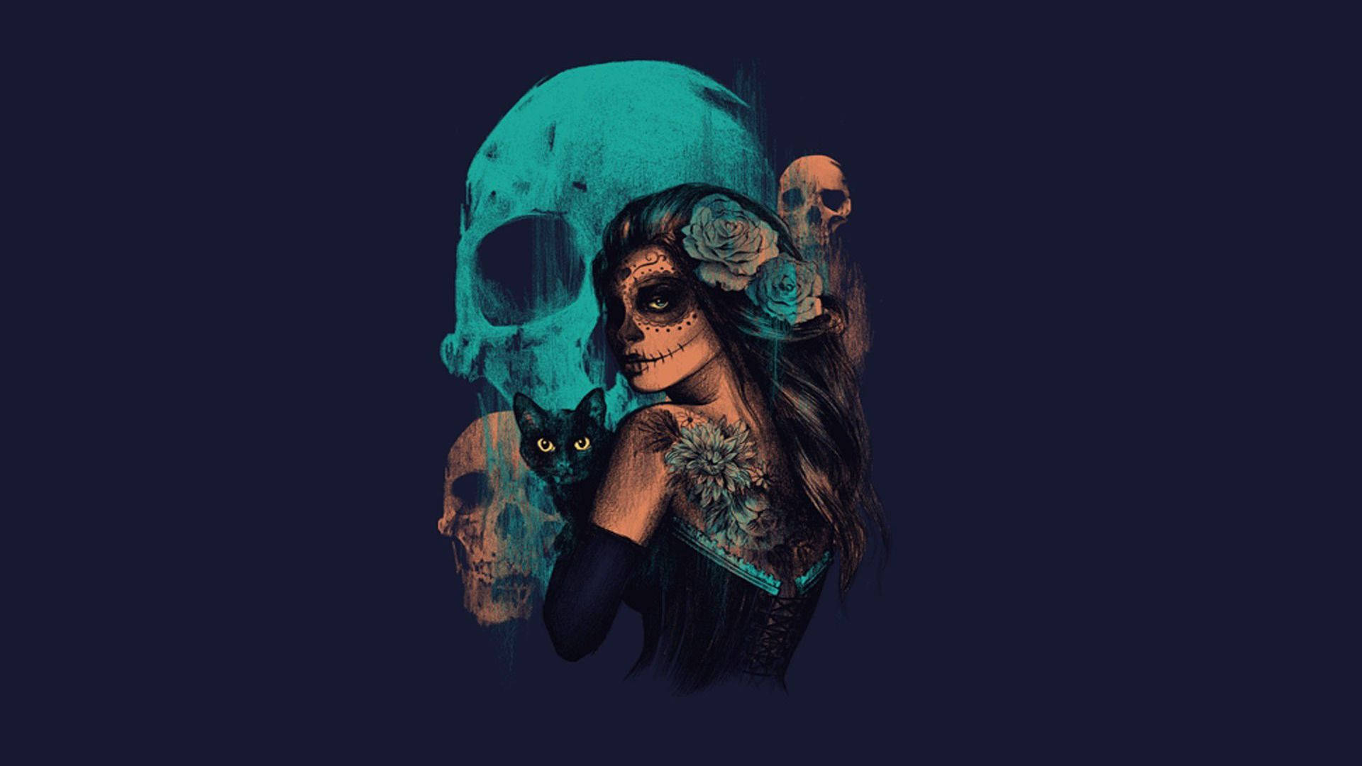 A Woman With A Skull And Flowers Wallpaper