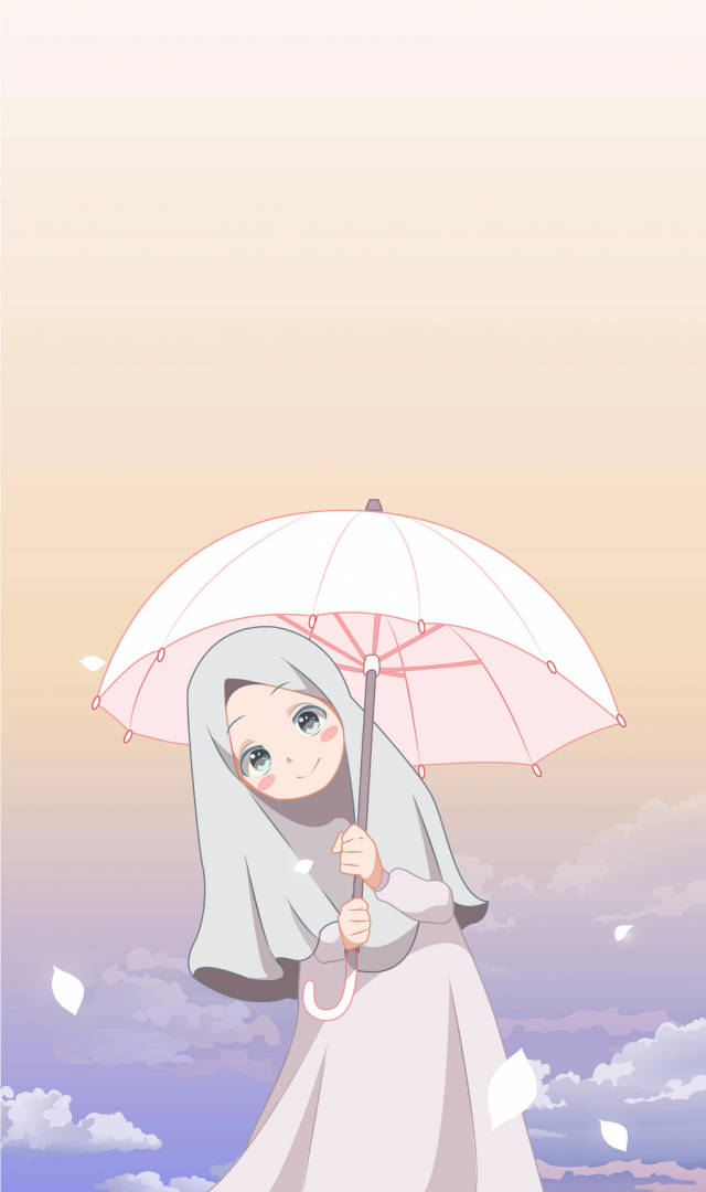 Adorable Cartoon Girl In Hijab With Umbrella Wallpaper