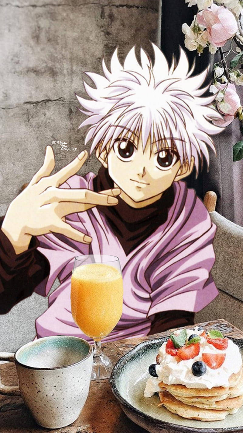 Adorable Killua Blissfully Enjoying Pancakes Wallpaper