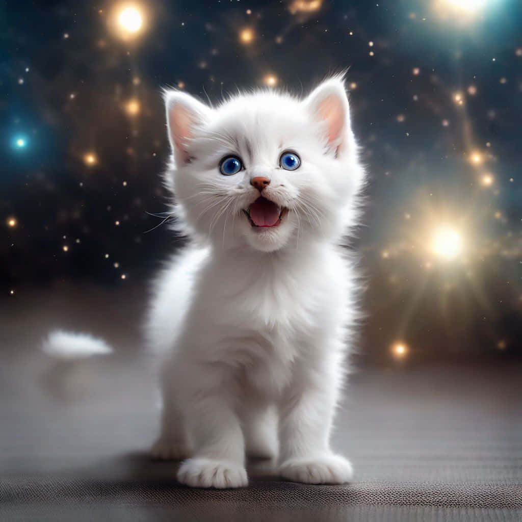 Adorable White Kitten Starry Backdrop Wallpaper