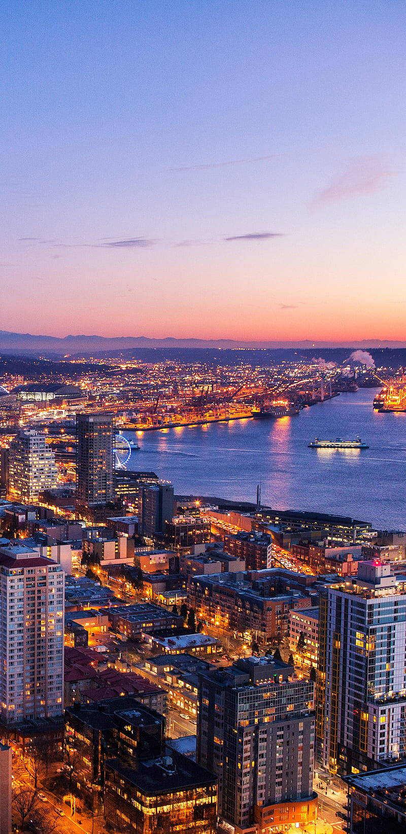 Aerial Lighted Road Seattle Skyline Wallpaper