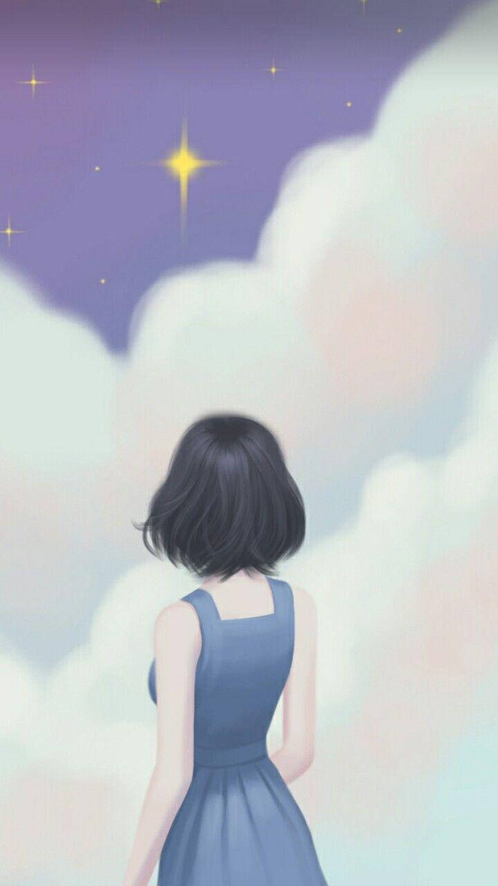 Aesthetic Anime Girl Facing Stars Wallpaper