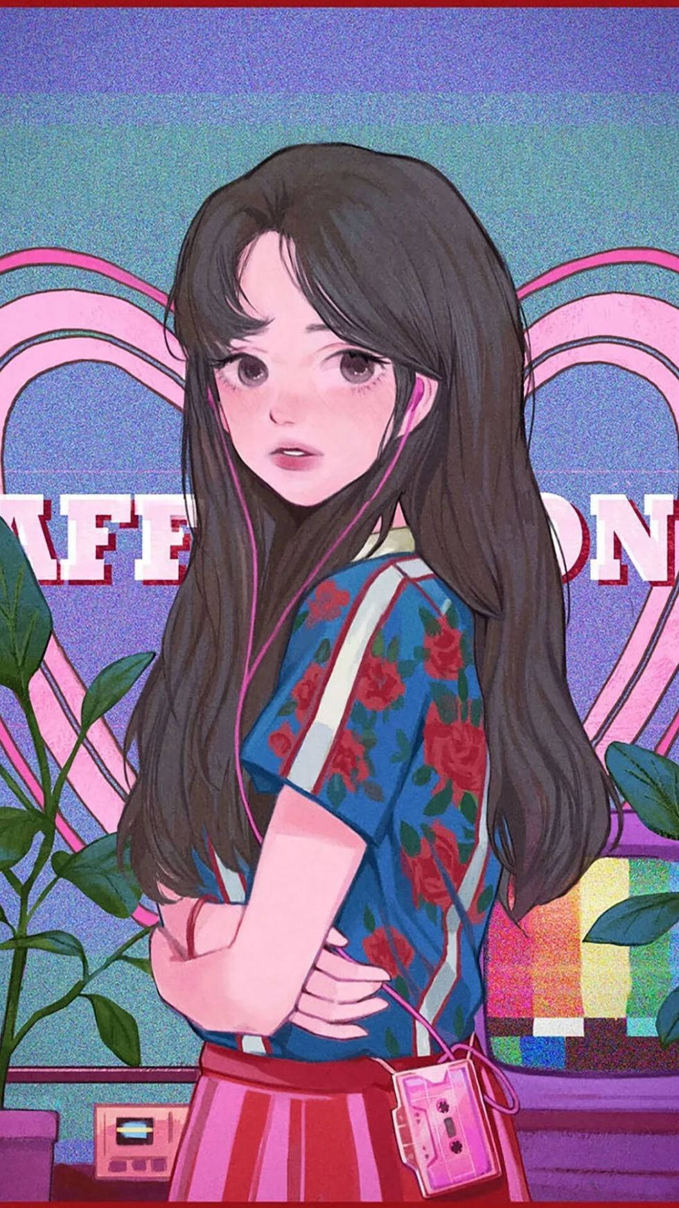 Aesthetic Anime Girl Wearing Floral Shirt Phone Wallpaper