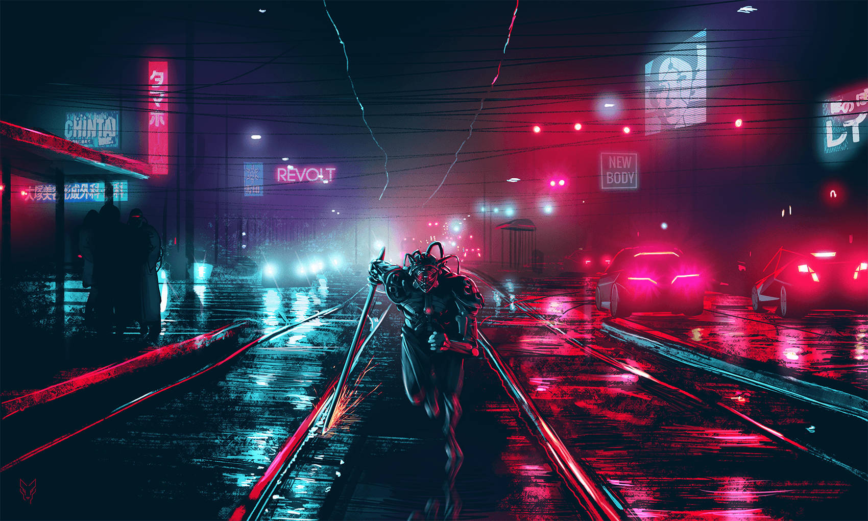 Aesthetic Pink Background With A Cyberpunk Assassin Wallpaper