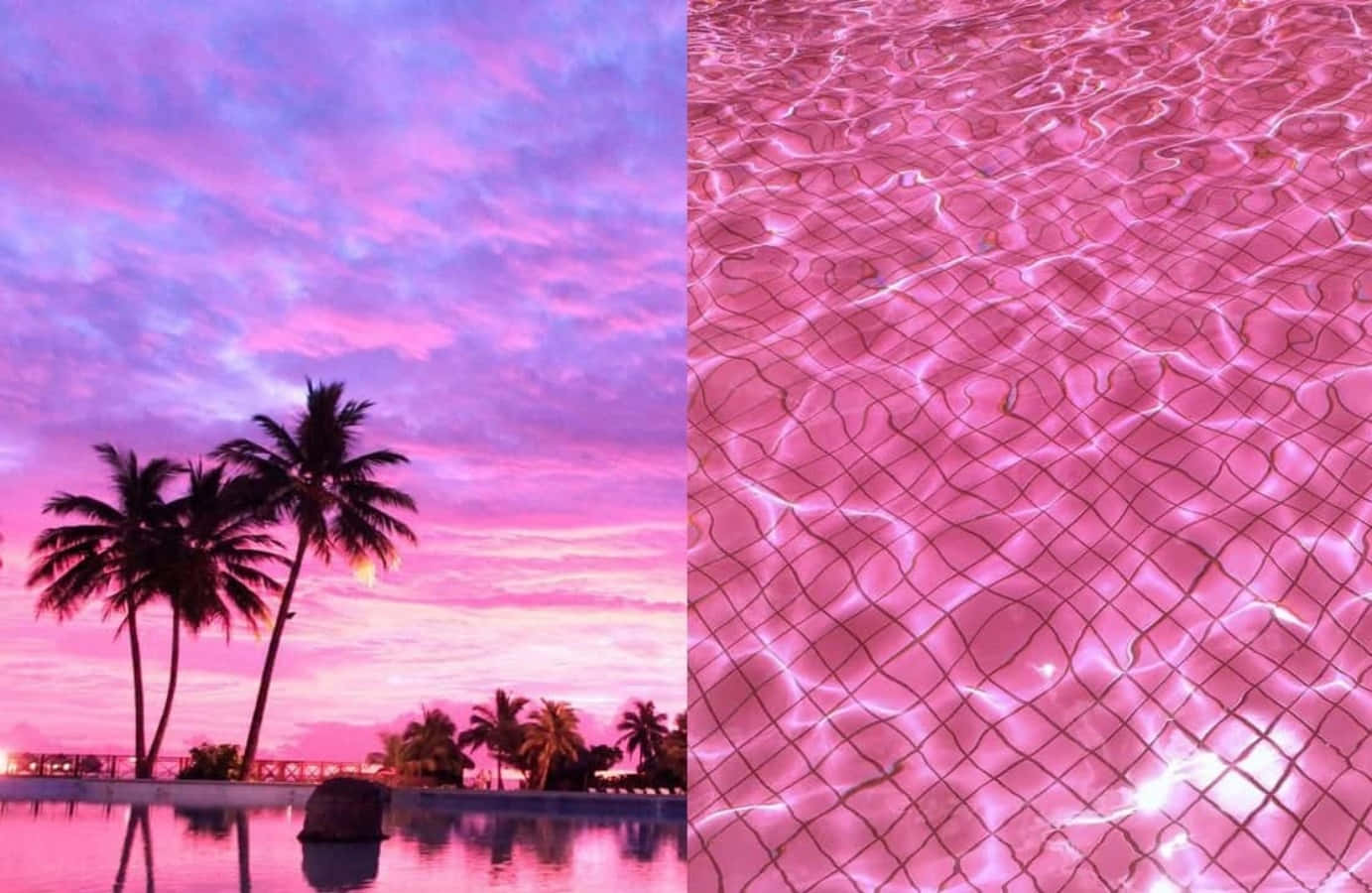 Aesthetic Pink Collage Sunset Sky And Pool Water Wallpaper