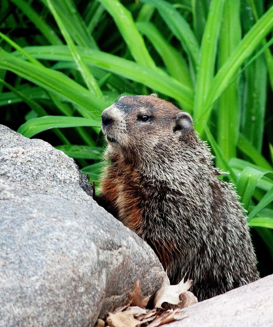 Alert Groundhog Beside Rock Wallpaper