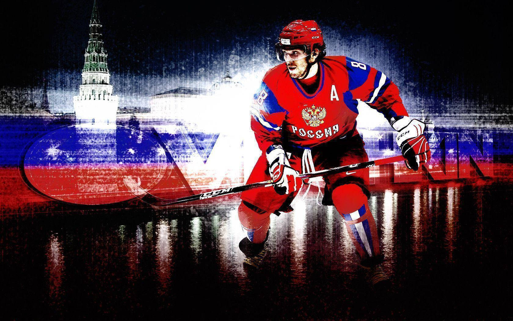 Alex Ovechkin Heroic Pose In Washington Capitals Jersey Against Cityscape Backdrop Wallpaper