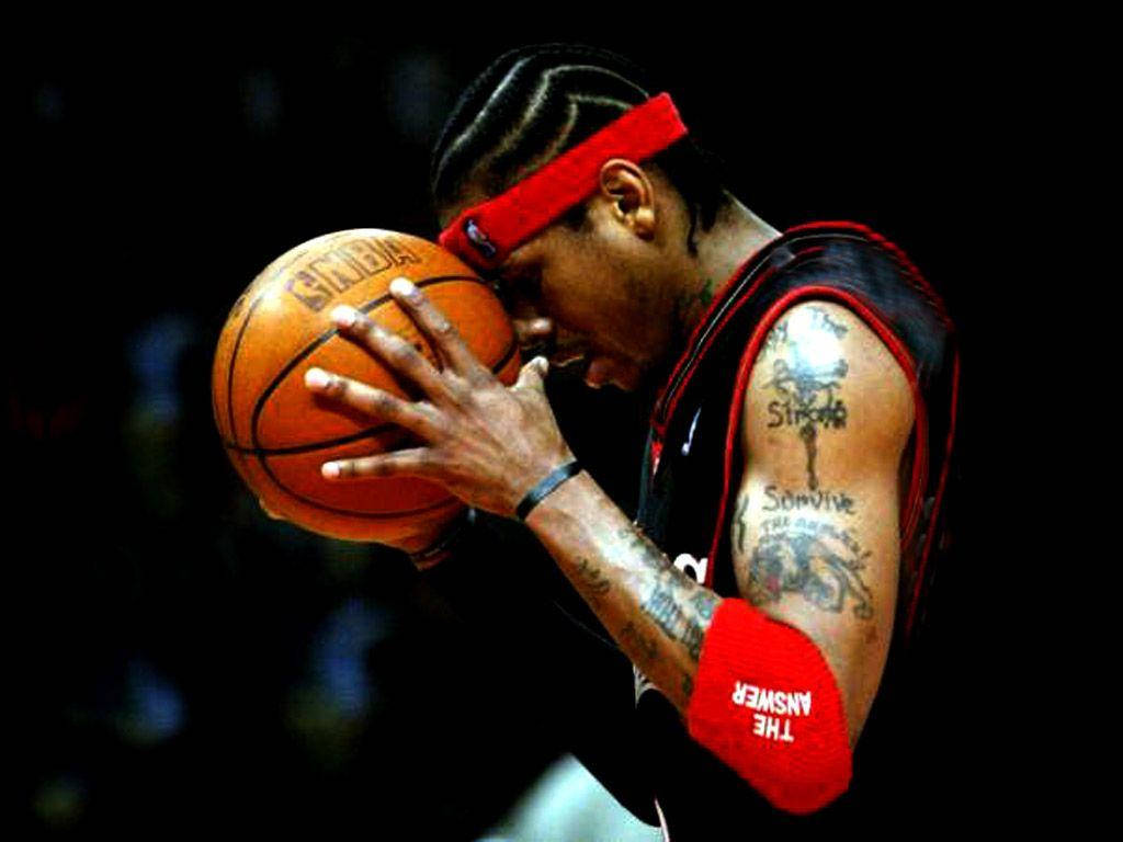 Allen Iverson With Ball Near Head Wallpaper