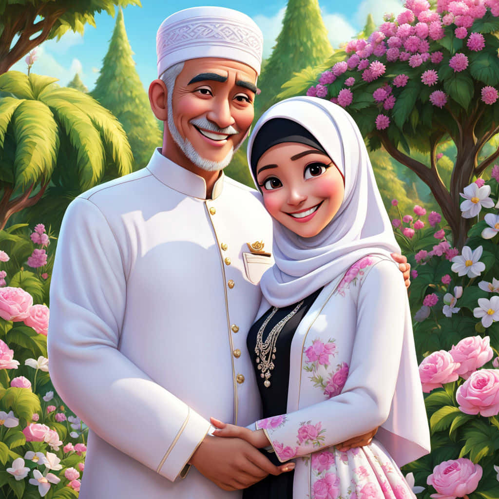 Animated_ Muslim_ Couple_ Smiling Wallpaper