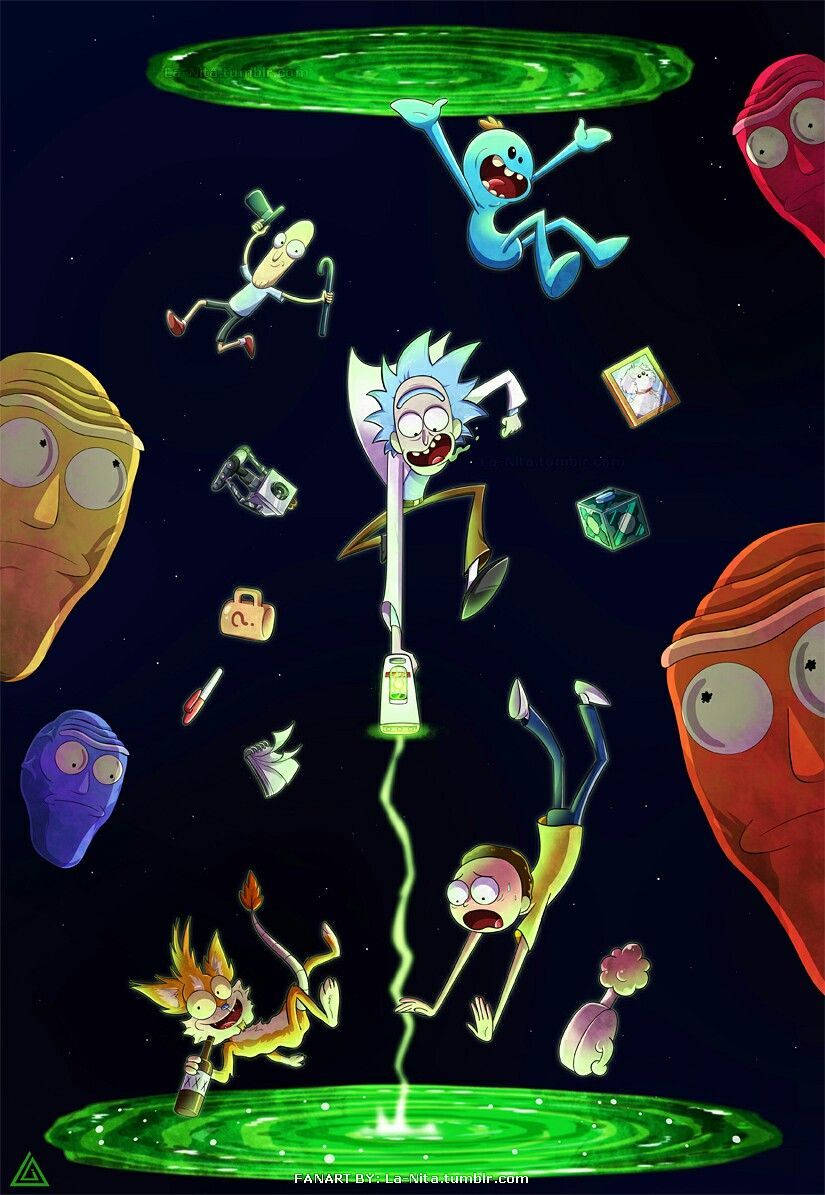 Animated Rick And Morty Getting Sucked In Portal Wallpaper