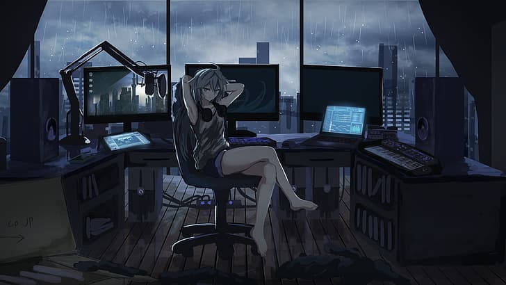Anime Girl And Multiple Laptops Wallpaper