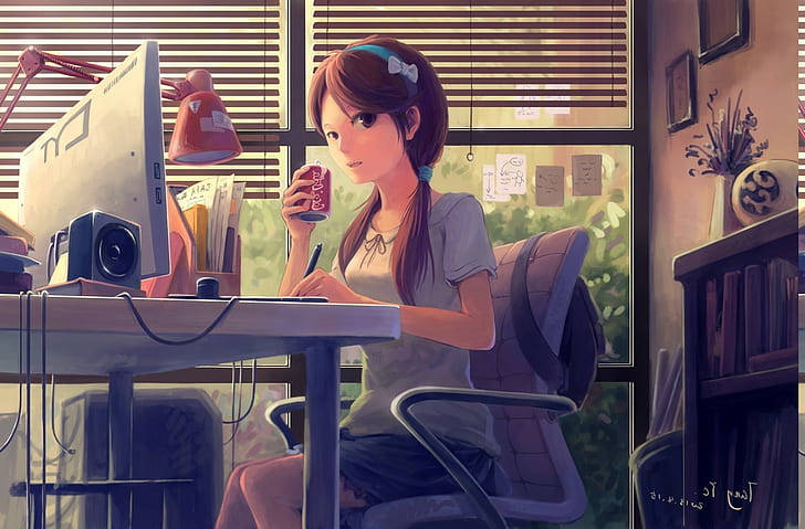 Anime Girl Drinks Soda Can In Front Of Laptop Wallpaper