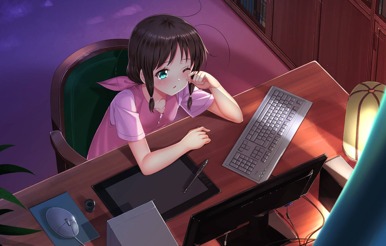 Anime Girl Holds Back Drowsiness In Front Of Laptop Wallpaper