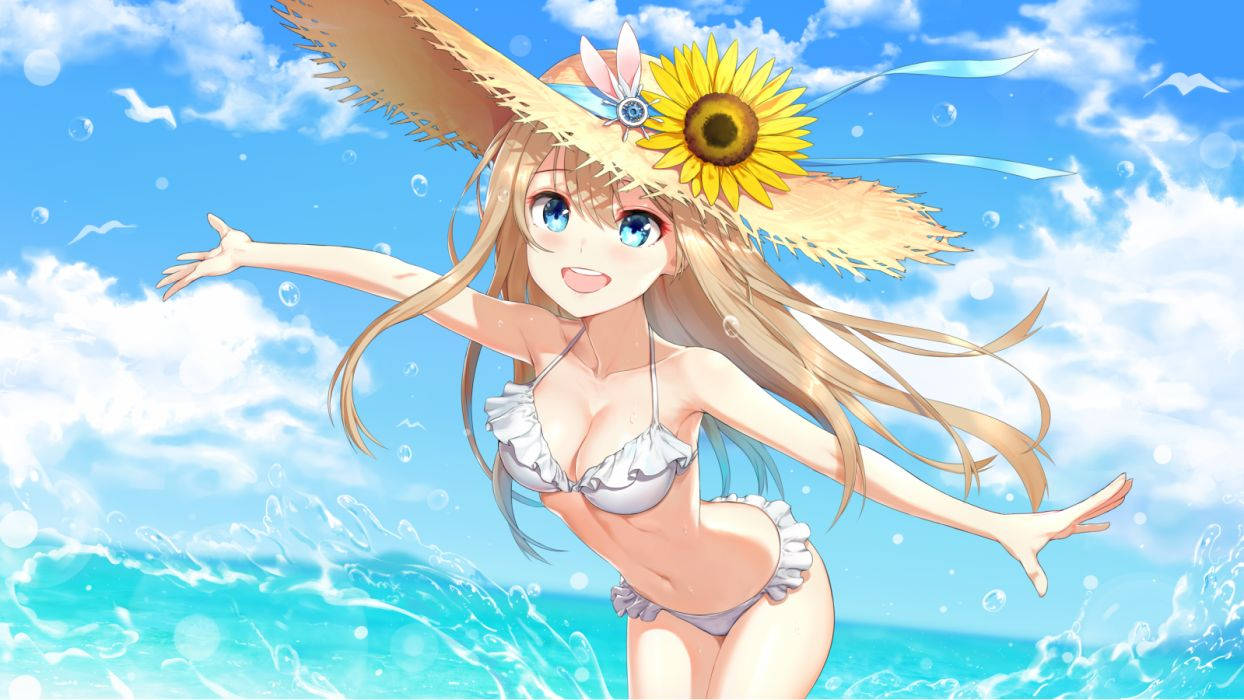 Anime Girl In Bikini And Sunhat Wallpaper