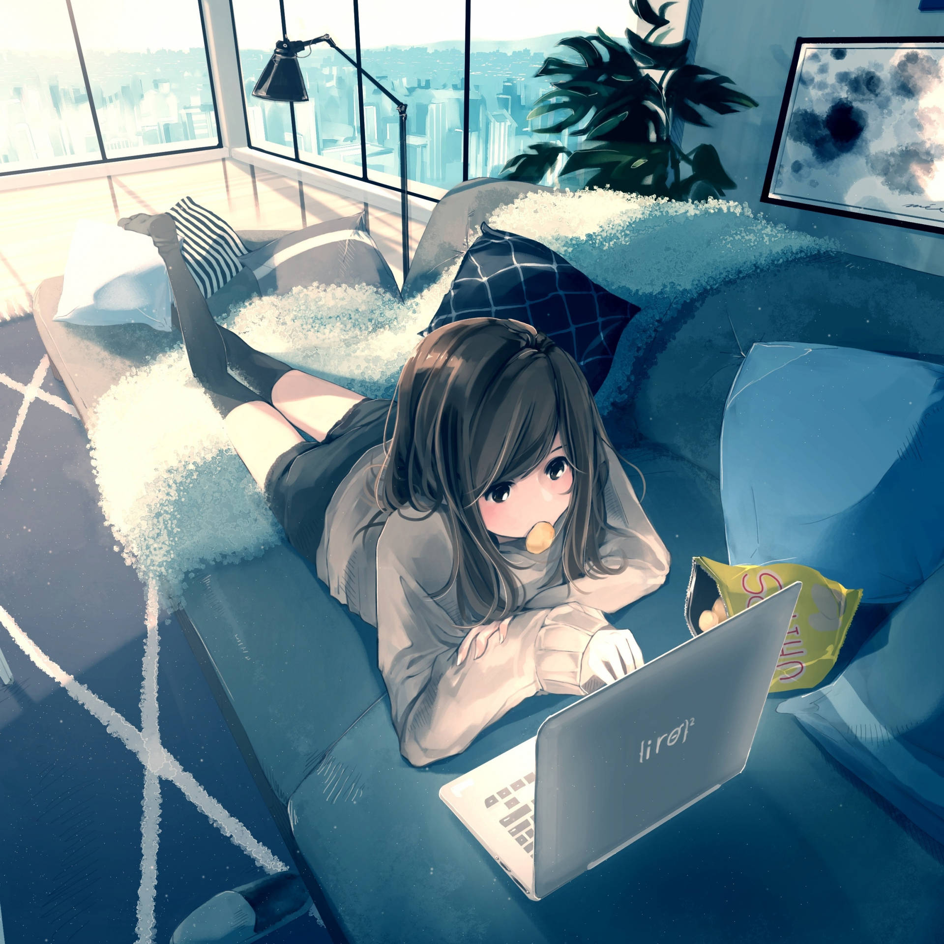 Anime Girl Lies Down Working On Her Laptop Wallpaper