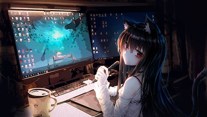 Anime Girl Poses While Holding Laptop Stylus Wallpaper