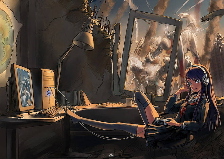 Anime Girl Puts Foot On Laptop Table With Fighting Robots Wallpaper
