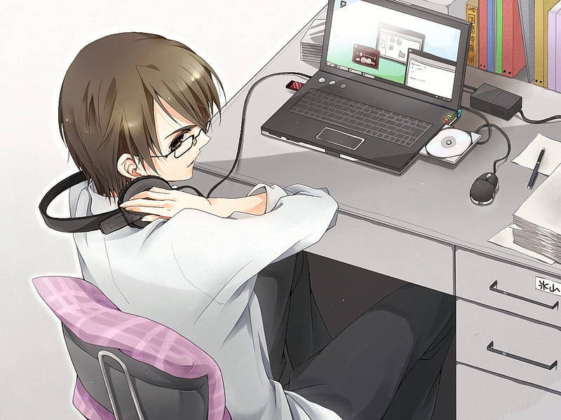 Anime Guy Holds His Headphones While Working On Laptop Wallpaper