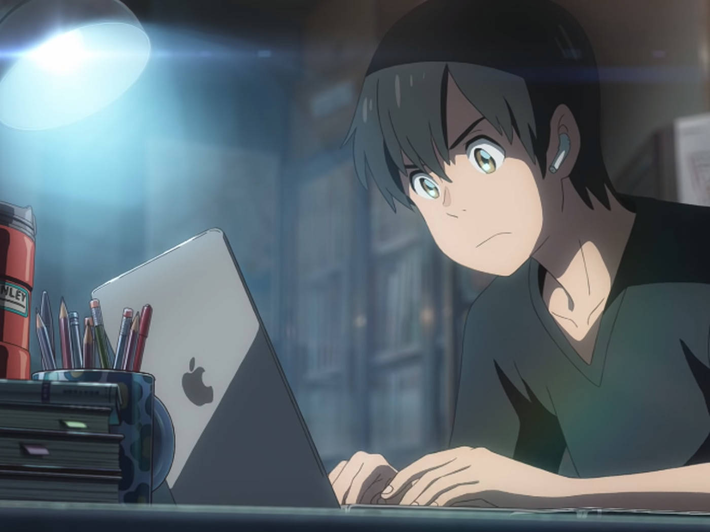 Anime Guy Typing On Macbook Laptop Wallpaper