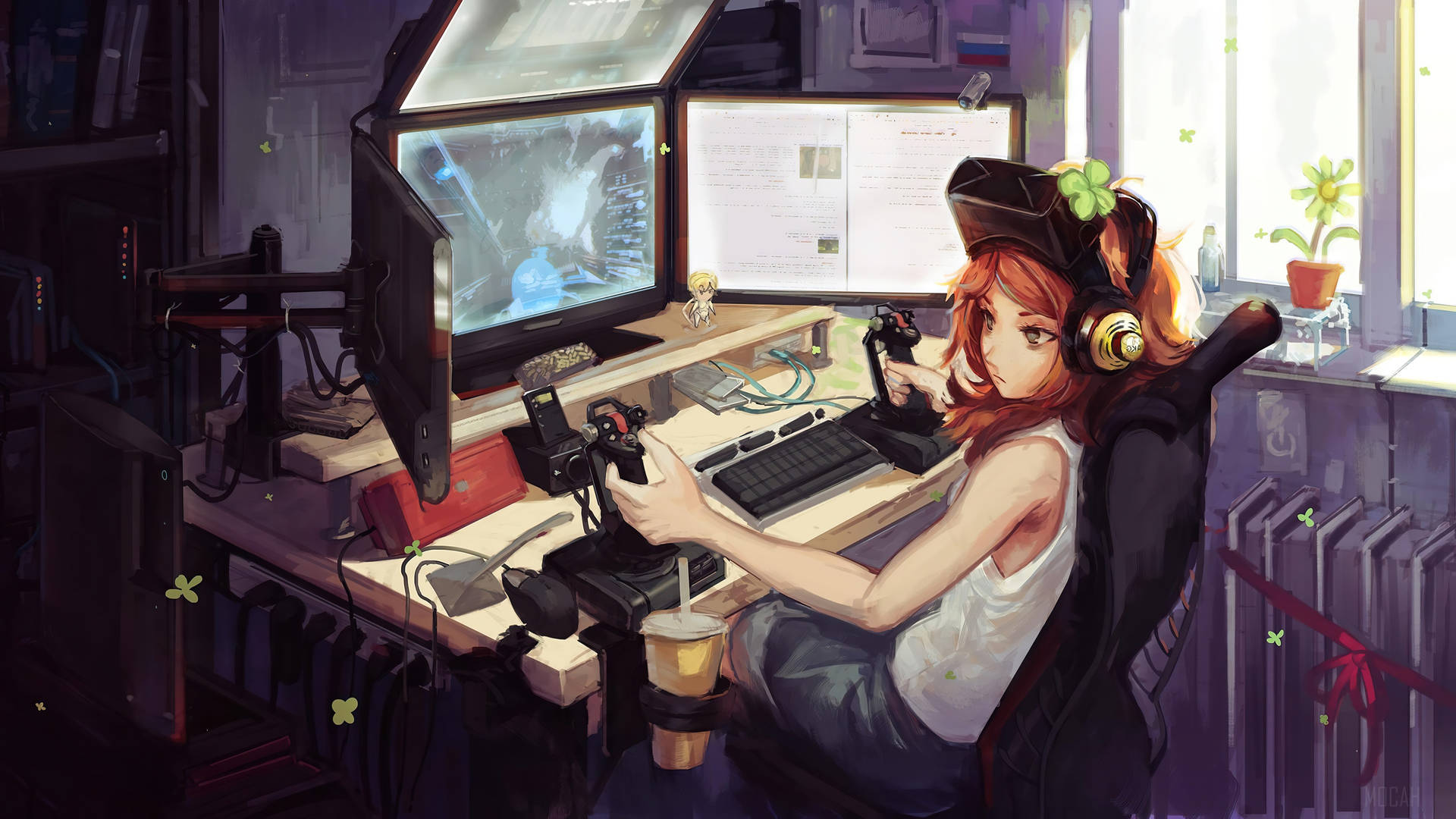 Anime Redhead Girl With Gaming Laptop Workstation Wallpaper