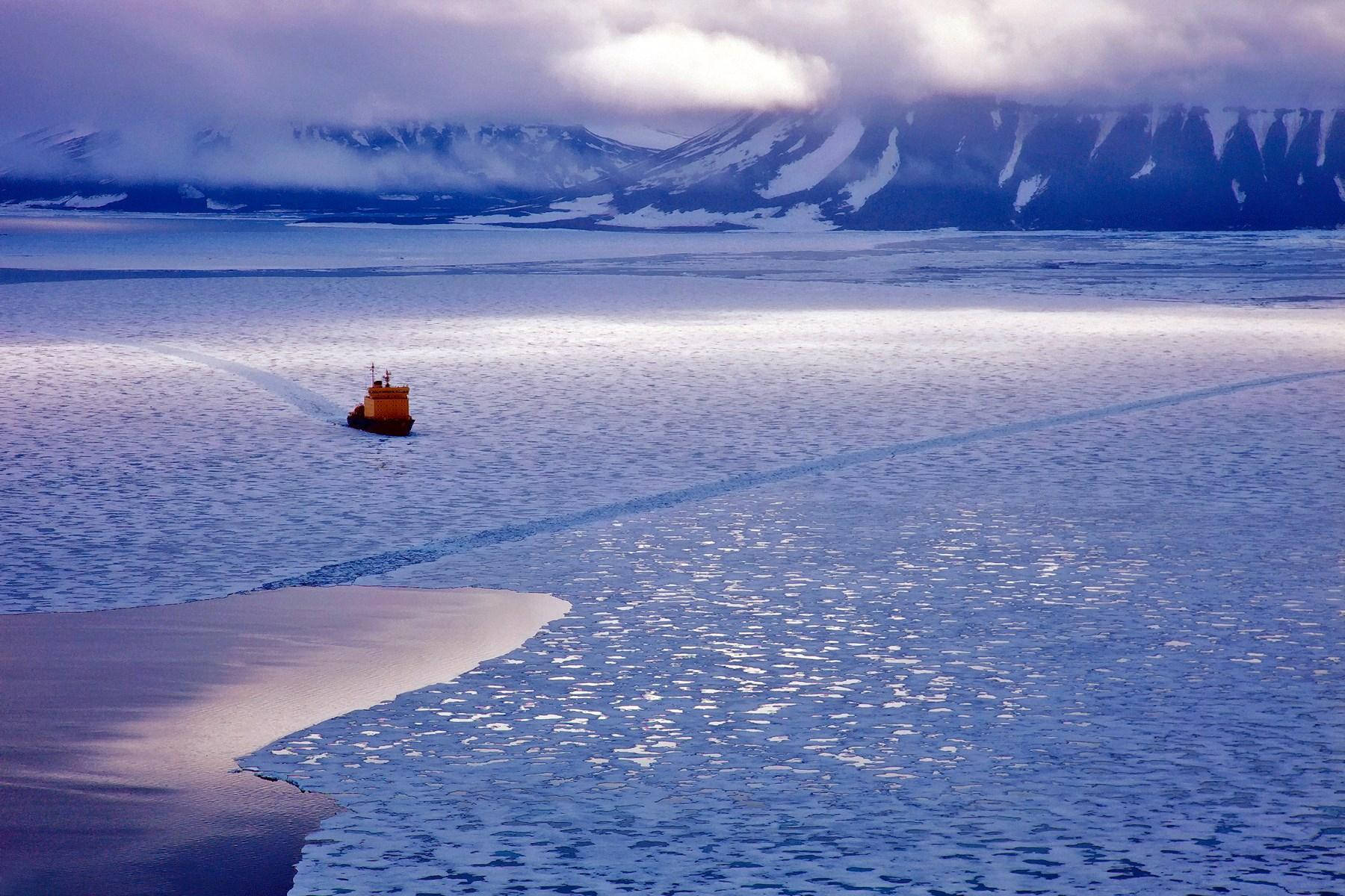 Arctic Waters With Orange Ship Wallpaper