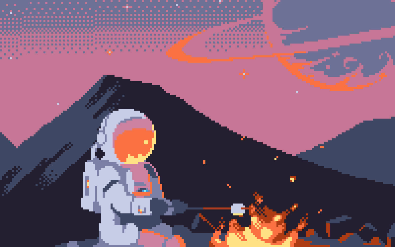 Astronaut Bonfire Pixel Art Wallpaper